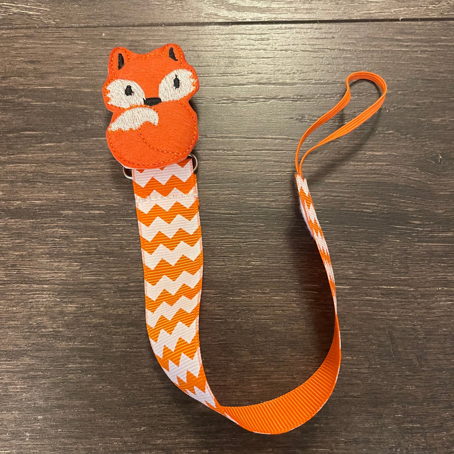 Ribbon Paci Clip - Fox w/ orange Chevron