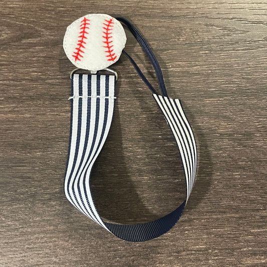 Ribbon Paci Clip - Baseball with Navy Stripes